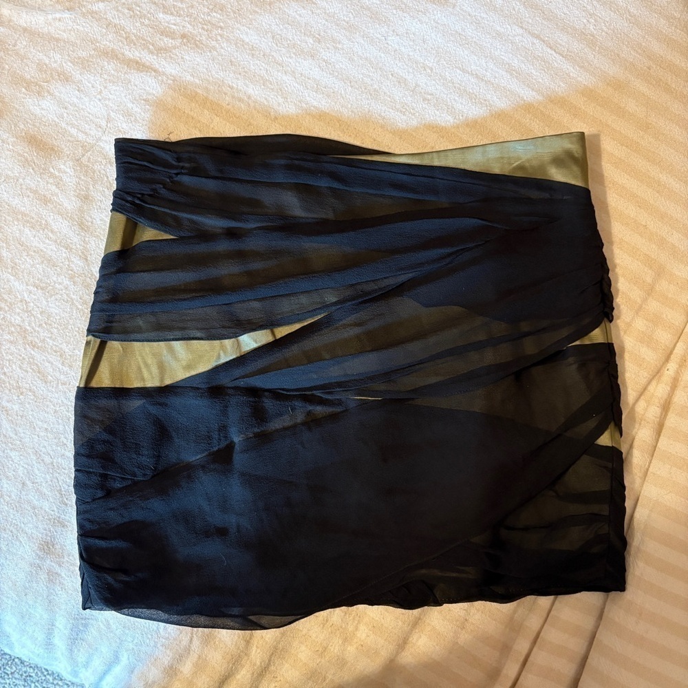 Bebe Women’s Olive Green & Black Silk Wrap Mini Skirt Size Medium